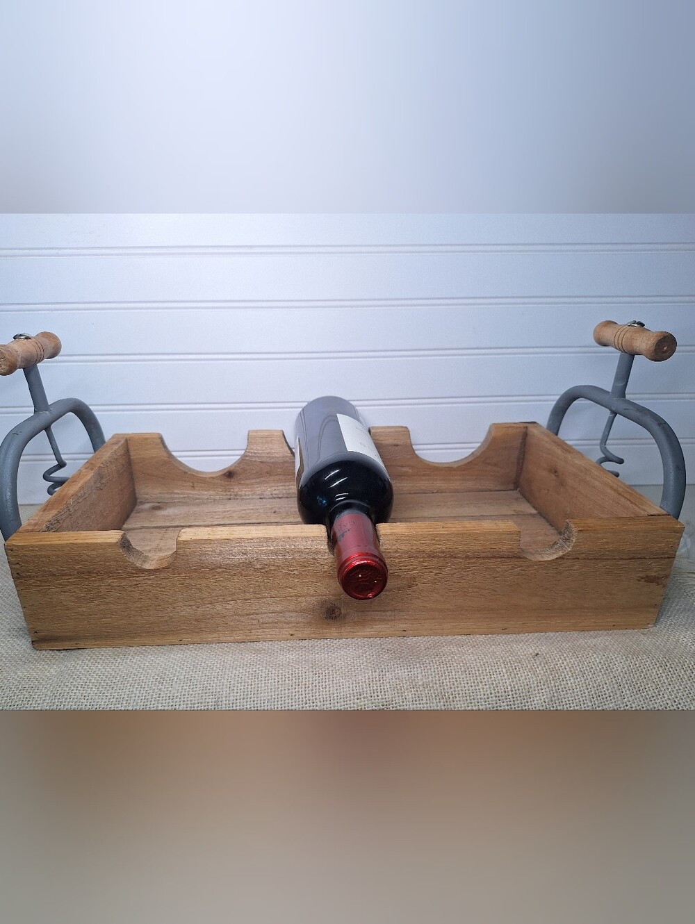 Rustic Wooden Wine Rack, Tray With Corkscrew Handles